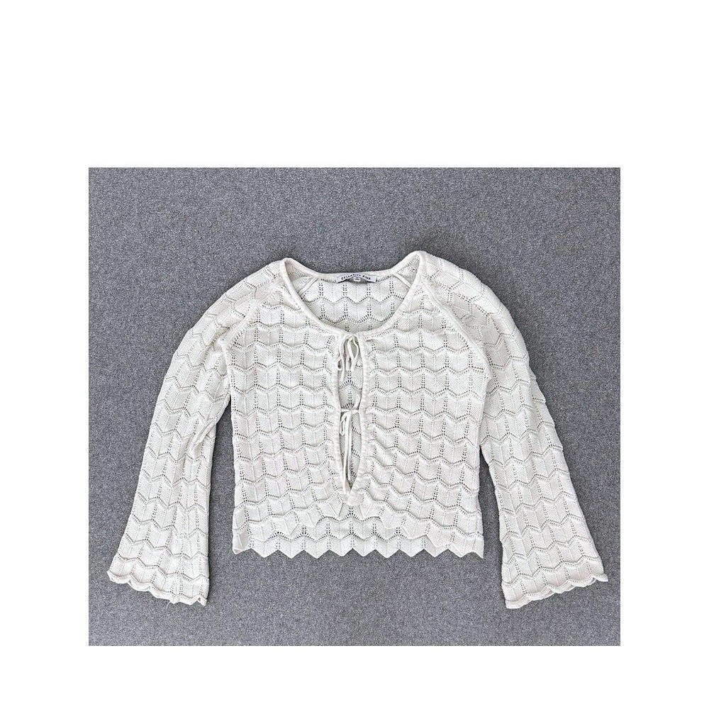 Ivory Pointelle Knit Tie Front Cropped Cardigan Shrug Medium Boho Coquette Indie